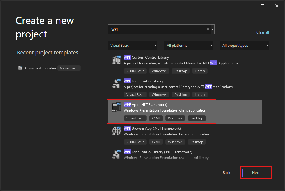 Schermopname van het dialoogvenster Een nieuw project maken met WPF ingevoerd in het zoekvak, Visual Basic geselecteerd in de lijst met talen en de projectsjabloon 'WPF App (.NET Framework)' gemarkeerd.