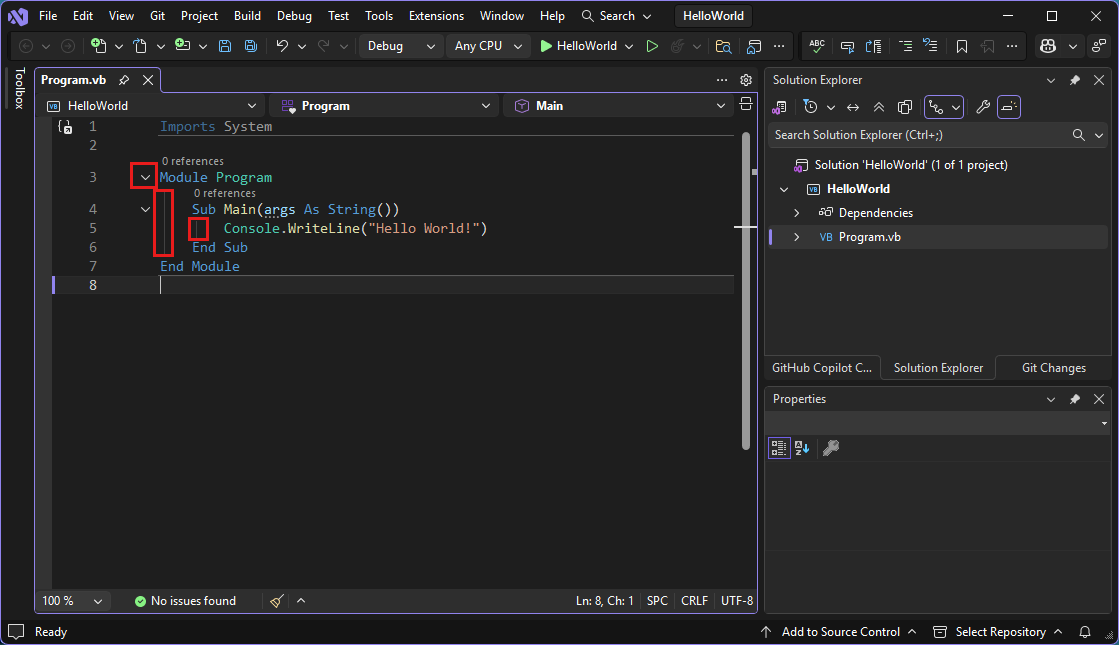 Schermafbeelding met de Visual Studio IDE met rode vakken.