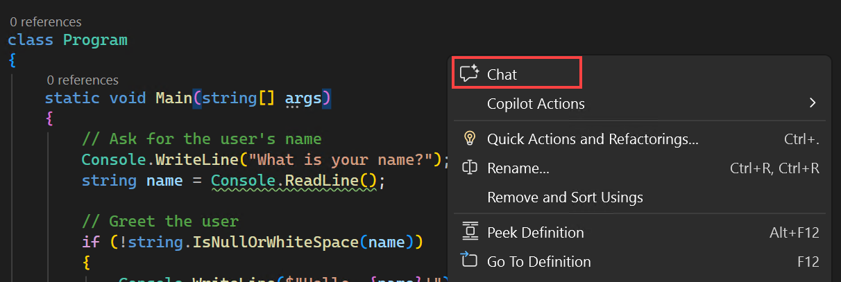 Schermopname van het inschakelen van inlinechats in de editor in het contextmenu.