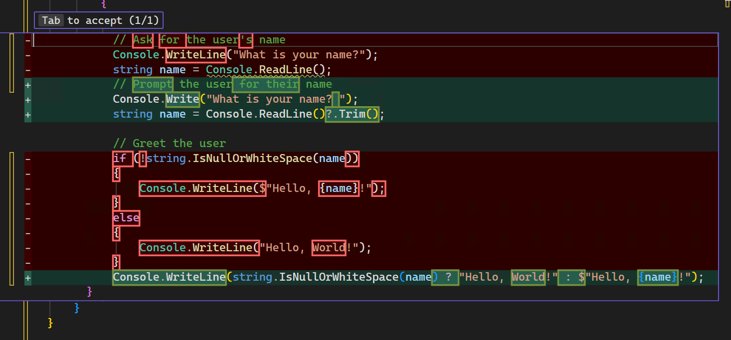 Schermopname van codesuggesties in de diff-weergave van Visual Studio.