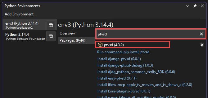 Schermopname die laat zien hoe u de ptvsd-versie controleert in het venster Python-omgevingen.