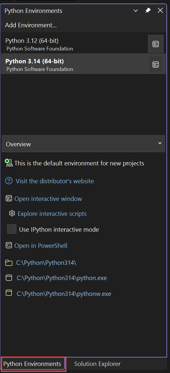 Schermopname van het venster Python-omgevingen.