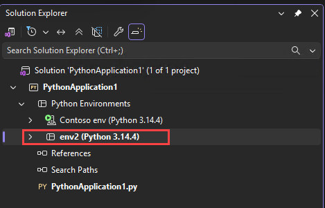 Schermafbeelding waarin wordt weergegeven hoe Visual Studio in Solution Explorer de naam van de actieve omgeving in een vet lettertype weergeeft.