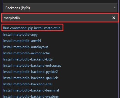 Schermopname van het installeren van de matplotlib-bibliotheek voor de geselecteerde omgeving in het venster Python-omgevingen in Visual Studio.
