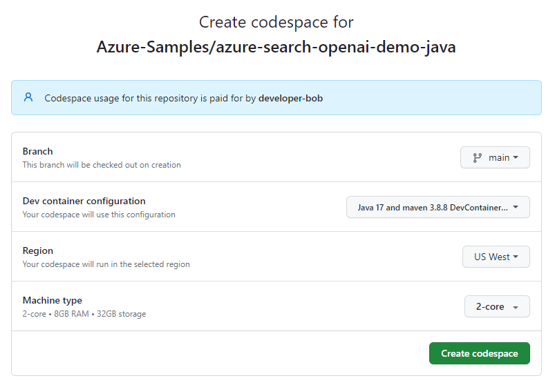Captura de tela da confirmação antes de criar um novo codespace.