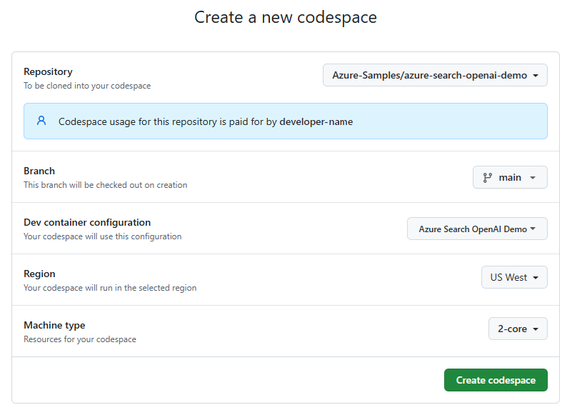 Captura de tela da tela de confirmação para criar um novo codespace do GitHub para o exemplo.