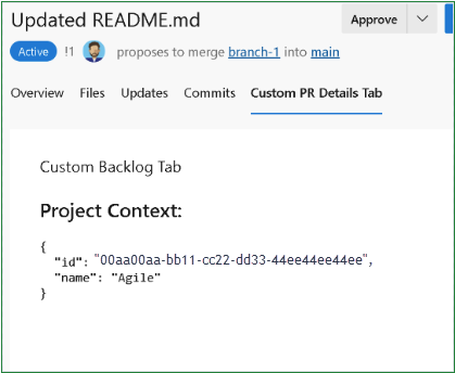 Captura de tela de uma guia personalizada em uma solicitação de pull do Git.