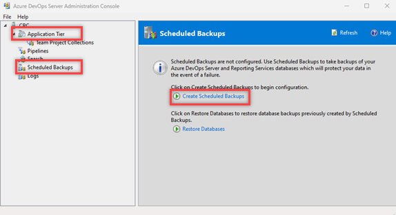 Captura de tela mostra botões para seleção no console de administração para criar backup agendado.