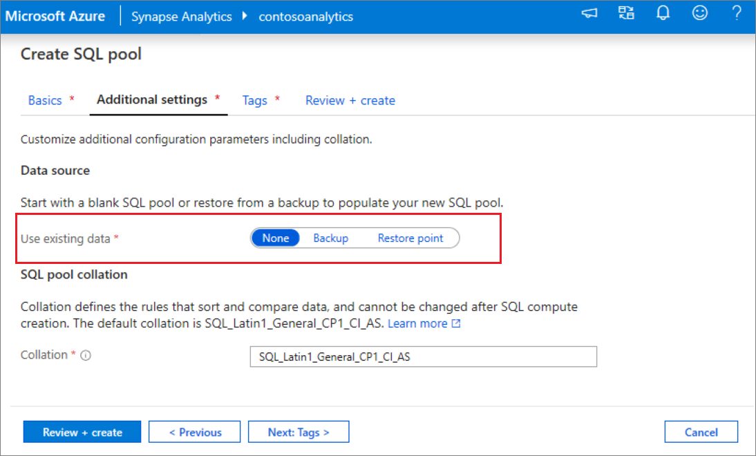 Uma captura de tela do fluxo de criação do pool de SQL – guia configurações adicionais.