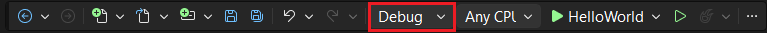 Barra de ferramentas do Visual Studio com 'Debug' realçado