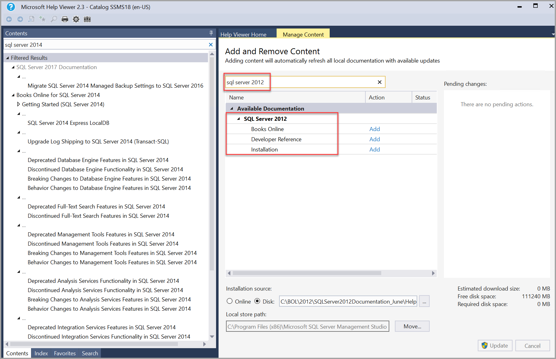 Pesquisa de livros do SQL Server 2012 no Help Viewer