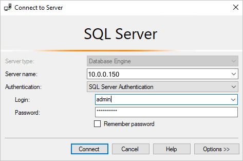 Screenshot do SQL Server Management Studio: Conectar-se ao servidor do Banco de Dados SQL.
