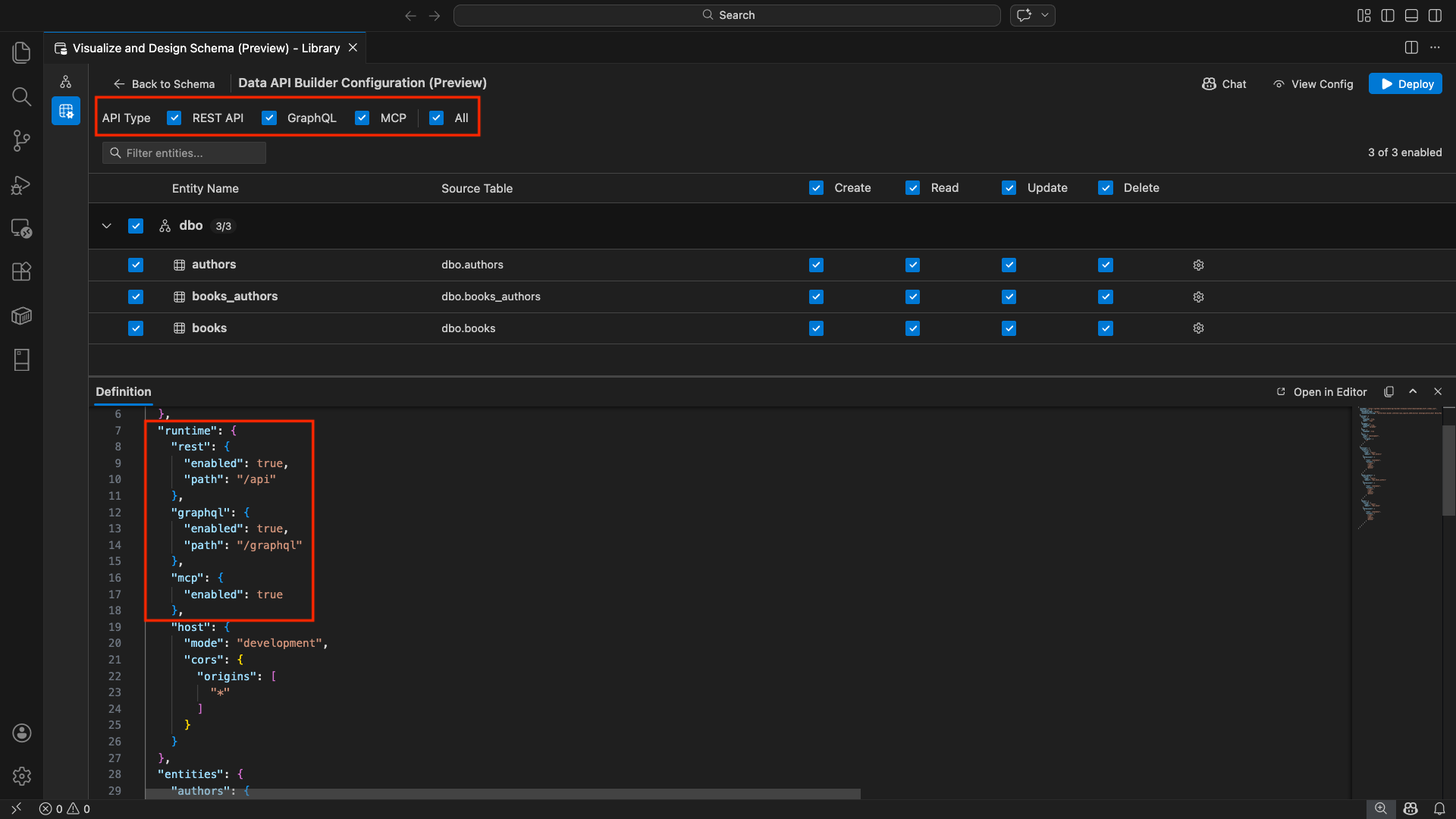 Captura de tela das caixas de seleção API REST, GraphQL, MCP e Todas na parte superior da exibição de configuração do construtor de API de Dados.