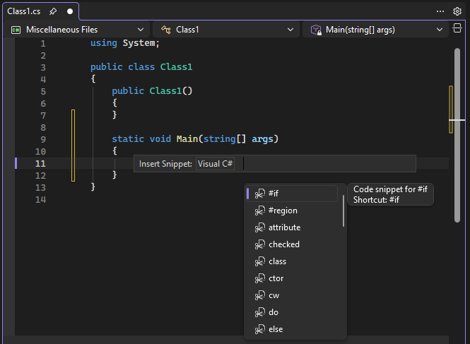 Captura de tela de um pop-up do IntelliSense para uma lista de snippets de código em C#.