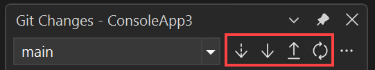 Captura de tela que mostra a janela Alterações do Git com os botões Fetch, Pull, Push e Sync realçados no Visual Studio.