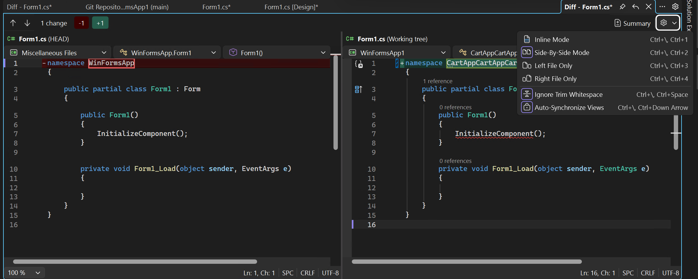 Captura de tela que mostra a comparação linha a linha de versões de arquivo no Visual Studio.