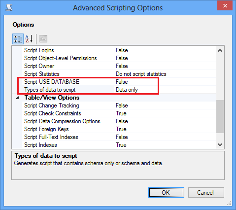 Apenas Dados do Script SSMS, sem instrução USE