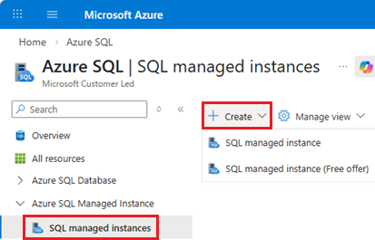 Captura de ecrã da página de instâncias geridas SQL da página hub Azure SQL no portal Azure, mostrando o botão +Criar.