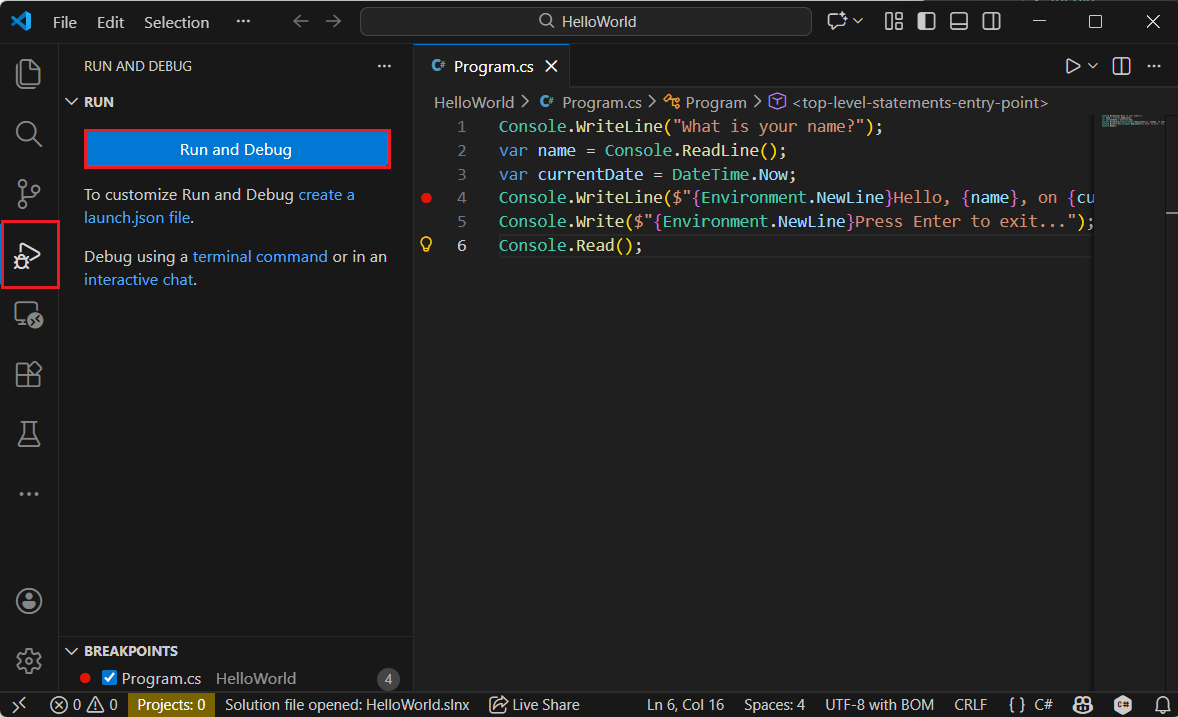 Abra o separador Debug em Visual Studio Code
