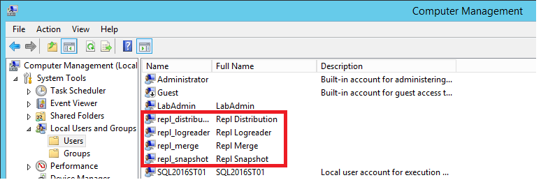 Captura de ecrã da lista de utilizadores de replicação.