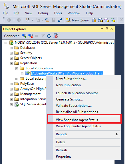 Comando no menu de atalho para visualizar o estado do Snapshot Agent