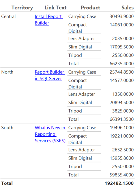 Captura de ecrã que mostra texto hiperligado no relatório Report Builder.