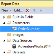 Captura de ecrã do painel de Dados de Relatório que destaca o parâmetro Ordernumber.