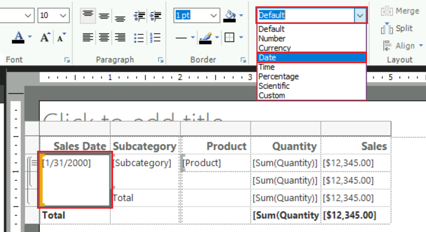 Captura de ecrã que mostra como alterar o formato da célula da tabela selecionada para mostrar apenas como data.