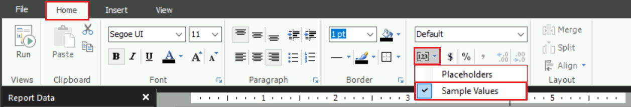 Captura de ecrã que mostra como selecionar a opção Valores de Amostra para marcadores de lugar em Report Builder.