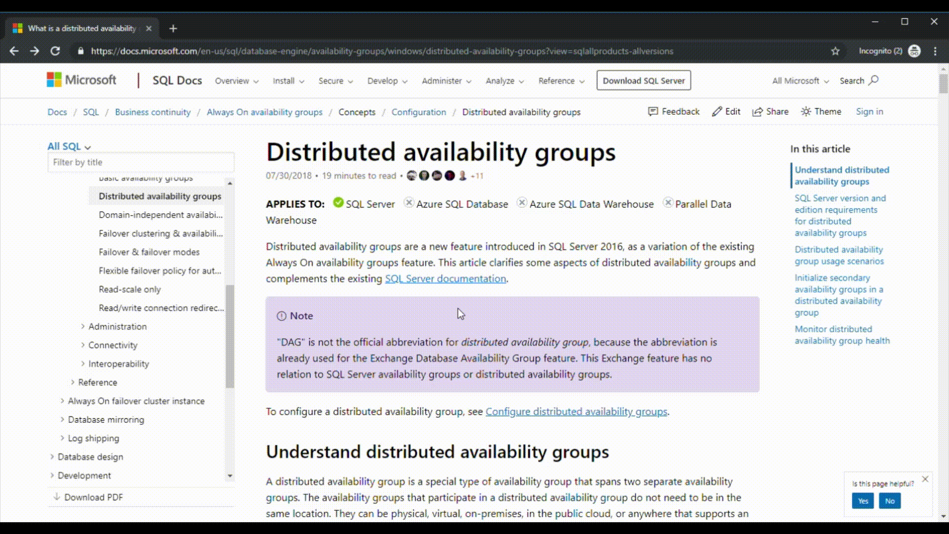 Captura de ecrã mostrando o trilho de navegação do SQL Docs.
