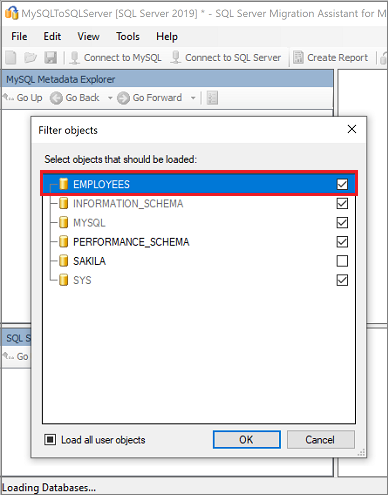 Captura de ecrã que mostra a seleção da base de dados MySQL que pretende migrar.
