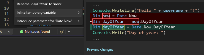 Captura de ecrã mostrando a sugestão da variável temporária Inline em Visual Studio.