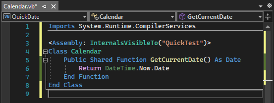 Captura de ecrã a mostrar o código para Calendar.vb na janela do editor de código Visual Basic depois de adicionares a instrução Imports e as linhas de atributo assembly.