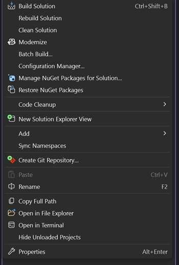 Captura de ecrã do menu contextual com o botão direito de um nó de solução no Explorador de Soluções.