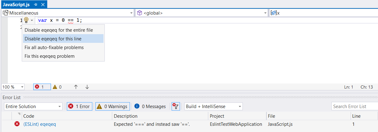 Captura de ecrã das linting Quick Actions.
