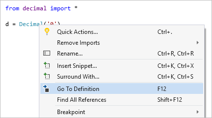 Captura de tela que mostra o comando Ir para definição no Visual Studio.