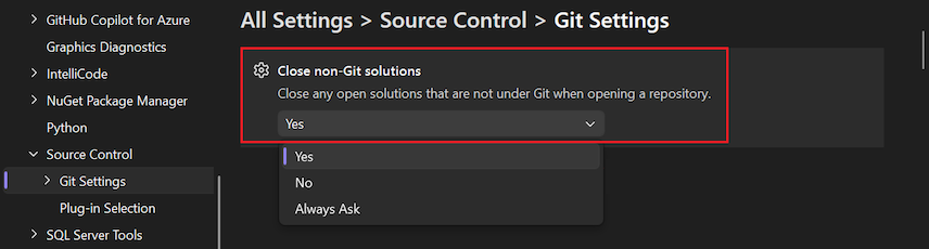 Captura de ecrã da opção 'Fechar soluções não-Git' no painel de Opções.