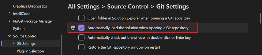 Captura de ecrã da opção 'Carregar automaticamente a solução ao abrir um repositório Git' no painel de Opções.