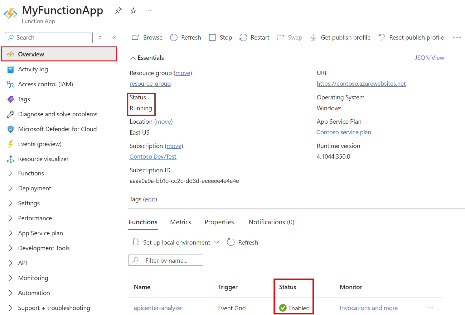 Skärmbild av funktionsappen i Azure-portalen som visar statusen 