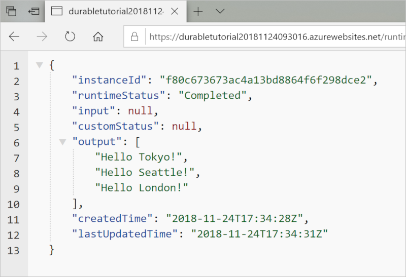 Skärmbild av den slutförda Python Durable Functions-appen som körs i Azure.