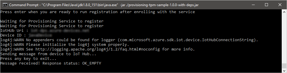 Skärmdump av ett kommandotolksfönster som visar utdata från Java-exempelkoden.