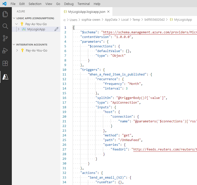 Skärmbild som visar Visual Studio Code och den öppnade logikappens arbetsflödesdefinitionsfil.