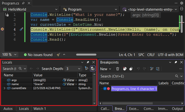 Skärmbild av en brytpunkt i Visual Studio
