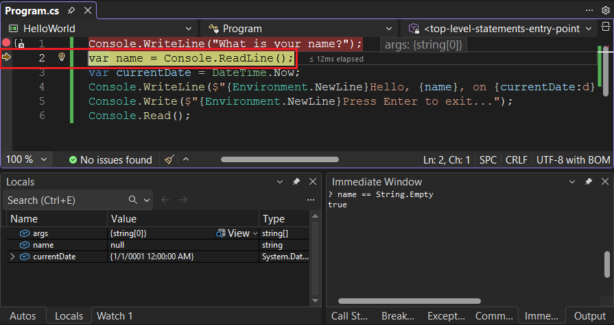 Visual Studio steg in i metoden – C#