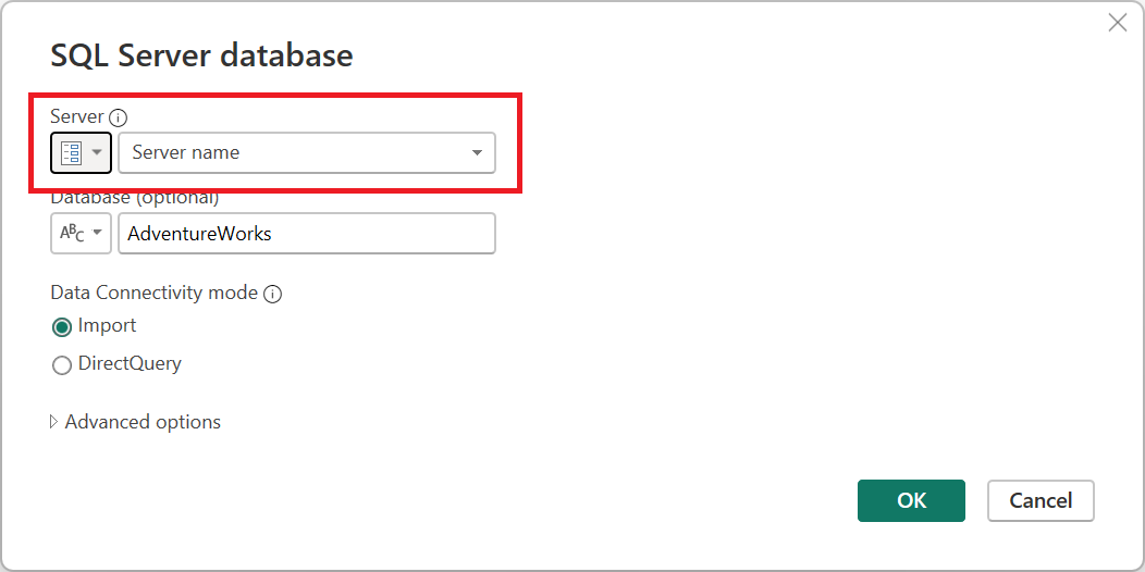 Skärmbild av dialogrutan SQL Server-databas med en parameteruppsättning för servernamn.