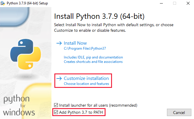 Python 3.7-installation – Lägg till Python 3.7 i PATH