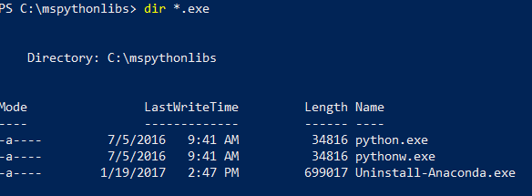 Skärmbild från en PowerShell-terminal som visar listan över körbara Python-filer som är resultatet av att köra dir *.exe.