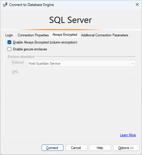 Skärmbild av SSMS-anslutningsalternativet för Always Encrypted aktiverat.