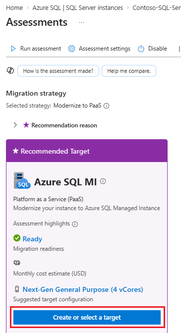 Screenshot som visar fönstret Utvärderingar i Azure portalen med Skapa mål markerat.