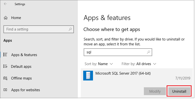 Screenshot som visar hur du avinstallerar SQL Server.